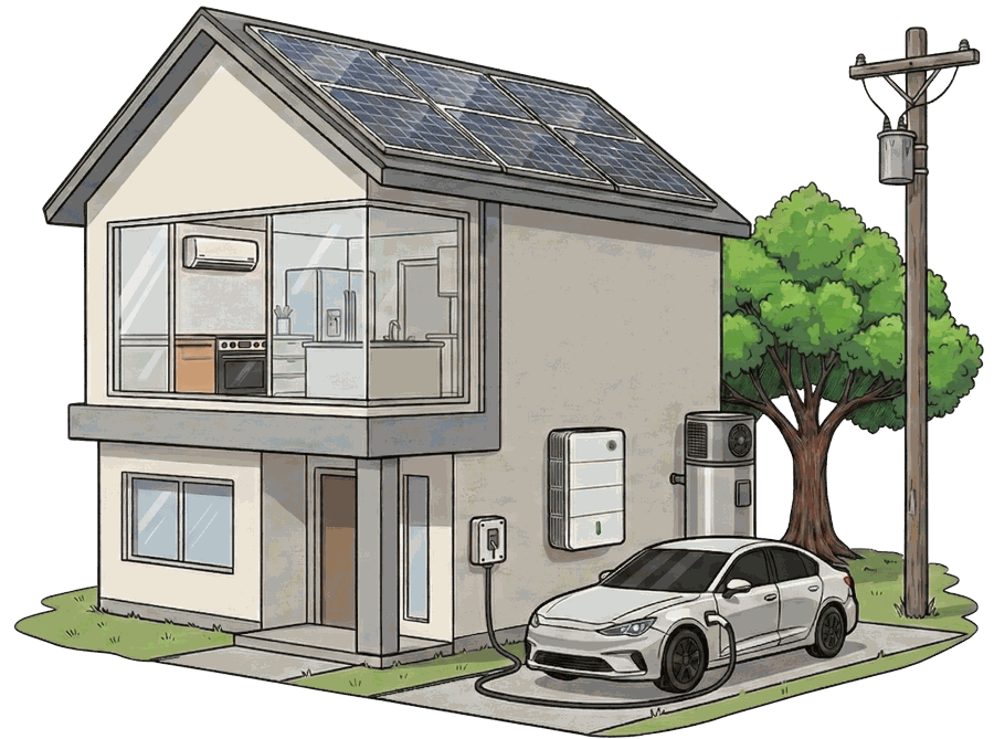 Illustration of an all-electric home with rooftop solar, battery, heat pump and an EV charging
